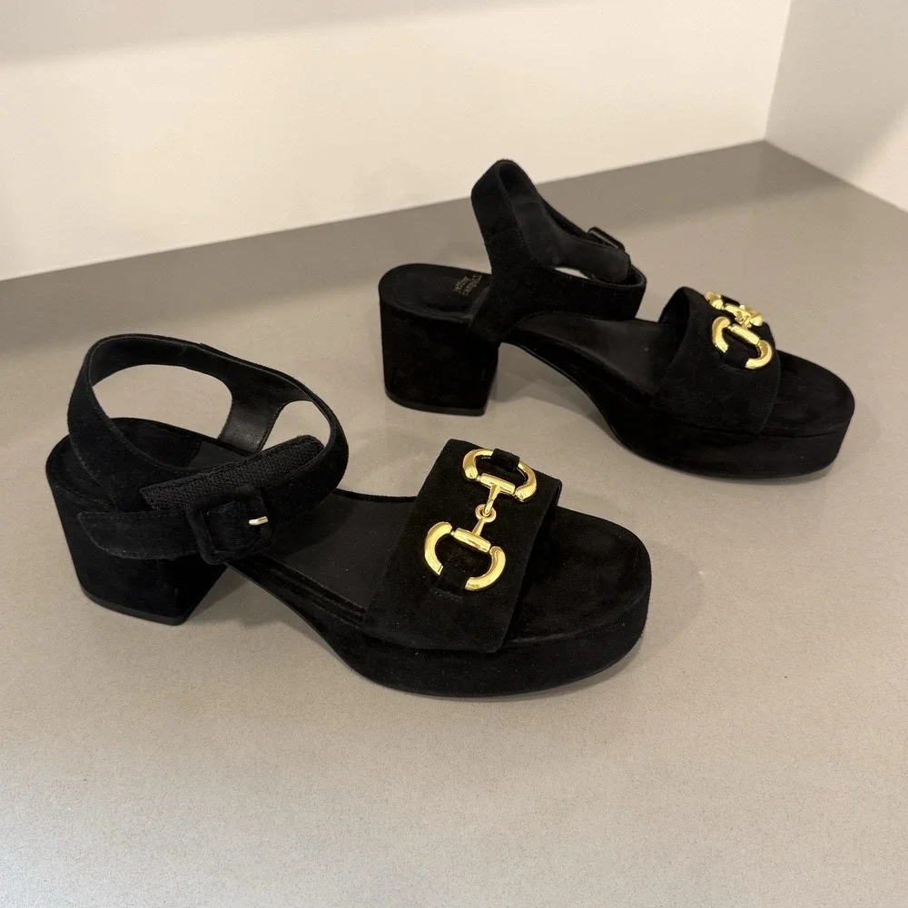 Jeffrey Campbell Timeless 2 Platform Sandals 9.5 Black Suede Retro Chic Chunky